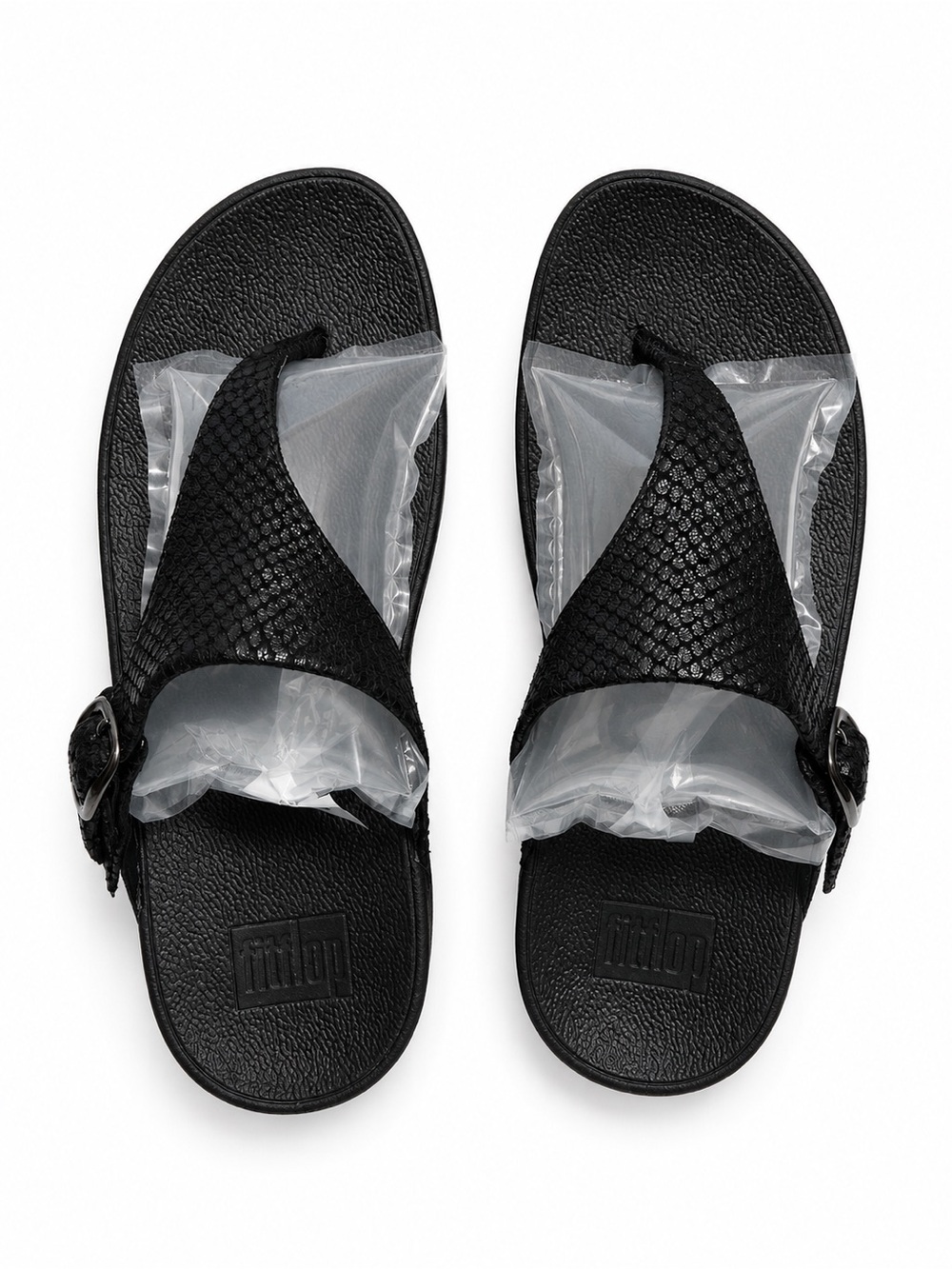 FitFlop "The Skinny" Black Snake Leather Thong Buckle Sandals Size 7